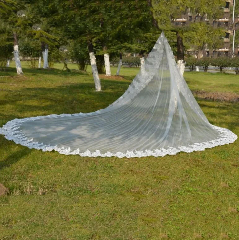 Velo de novia con Aplique de encaje, Mantilla con peine, longitud de catedral, blanco marfil