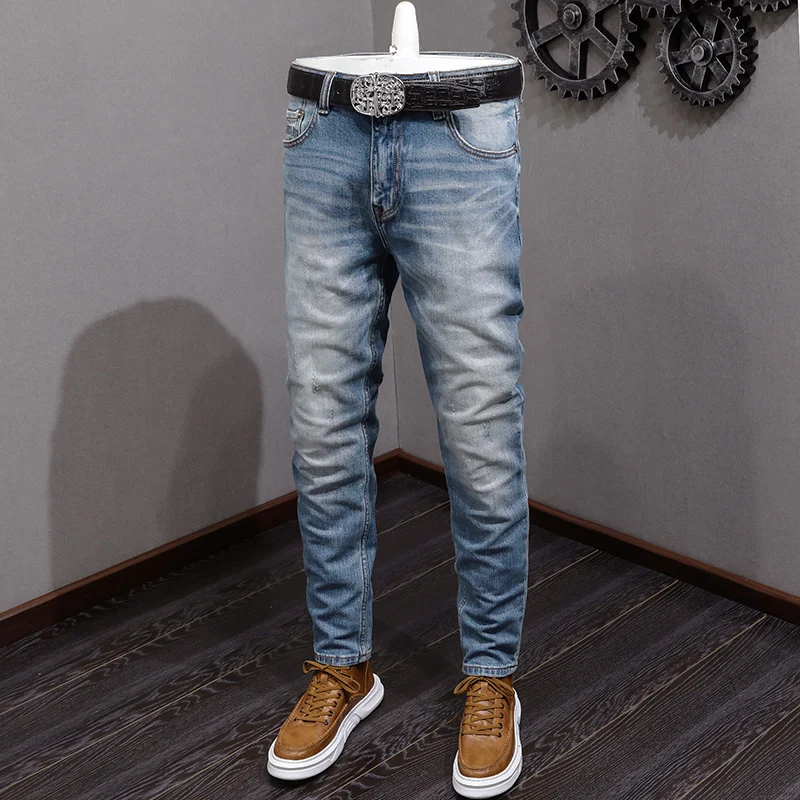 Fashion Designer Men Jeans High Quality Retro Blue Elastic Slim Fit Ripped Jeans Men Vintage Trousers Casual Denim Pants Hombre