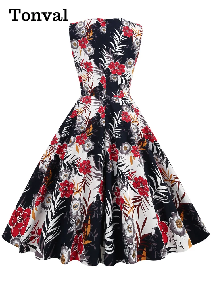 Tonval Elegant 50s Robe Retro Clothes Pinup Summer Floral Dress O-Neck Sleeveless Women Cotton Vintage Print Dresses