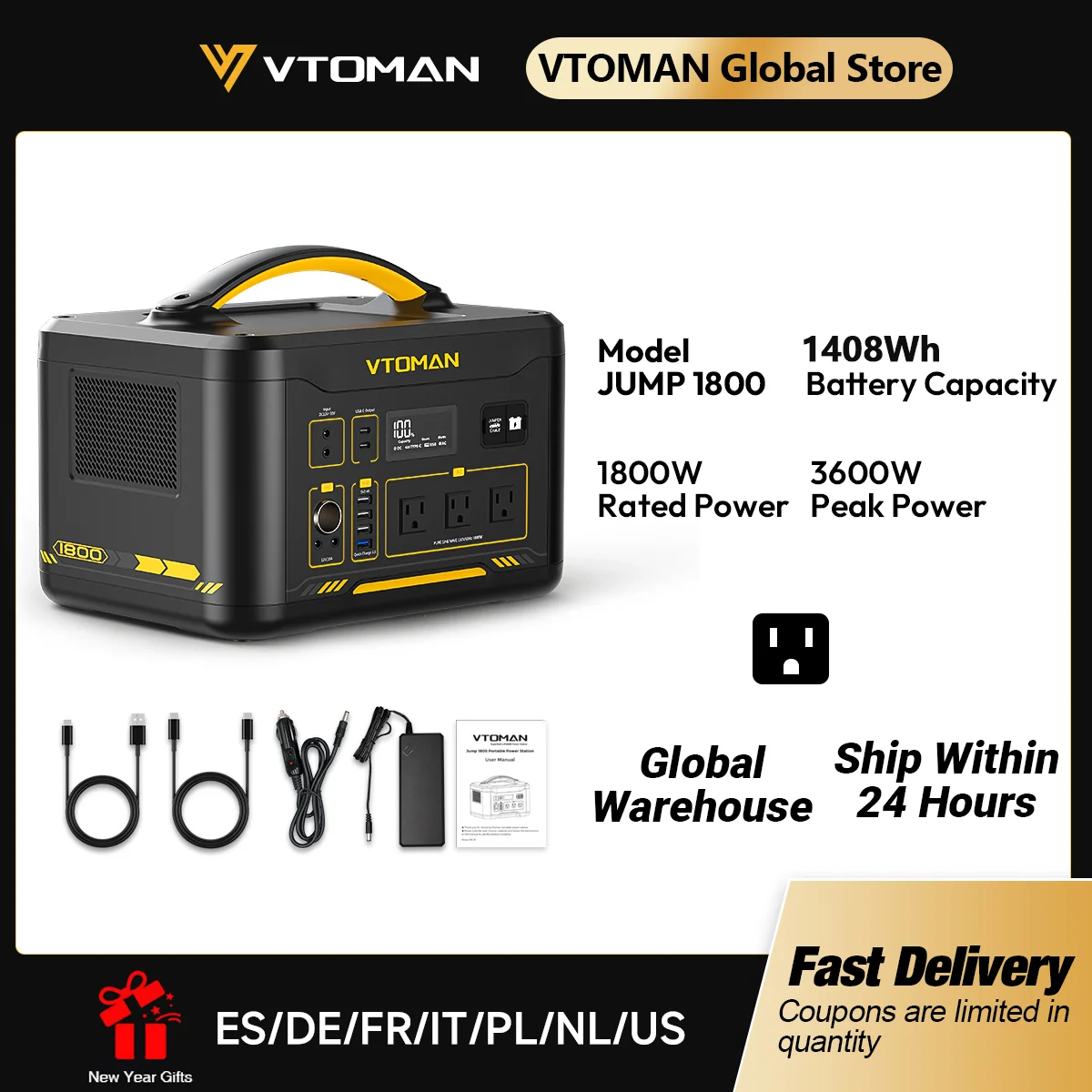 Vtoman Jump 1800 Portable Power Station, 1408Wh Lifepo4 Battery, 1800W 110V Pure Sine Wave Solar Generator, Power Backup for Home, Outdoor Camping and Emergencies