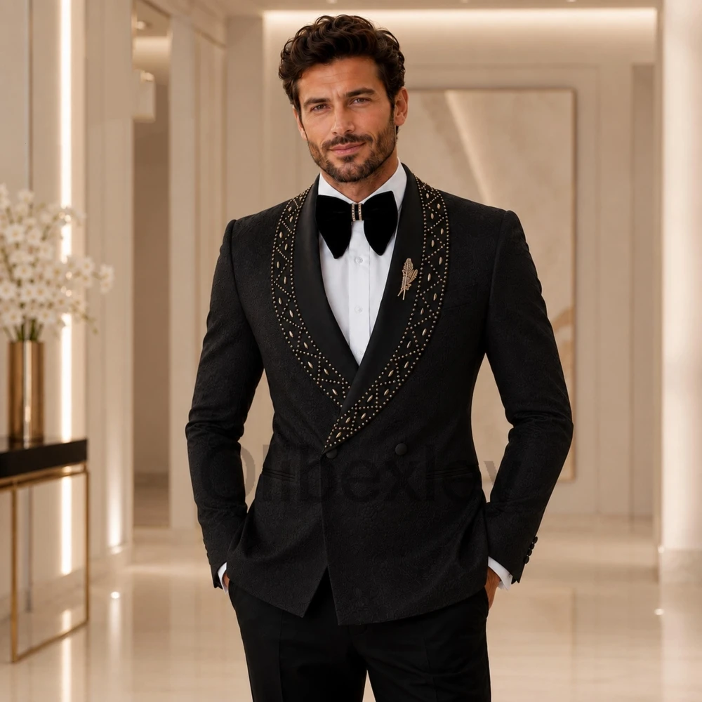 Olibexley Black Diamond Beaded Men Suits 2 Pieces Sets Groom Wedding Tuxedos Male Prom Blazer Disfraz Hombre Customized S349