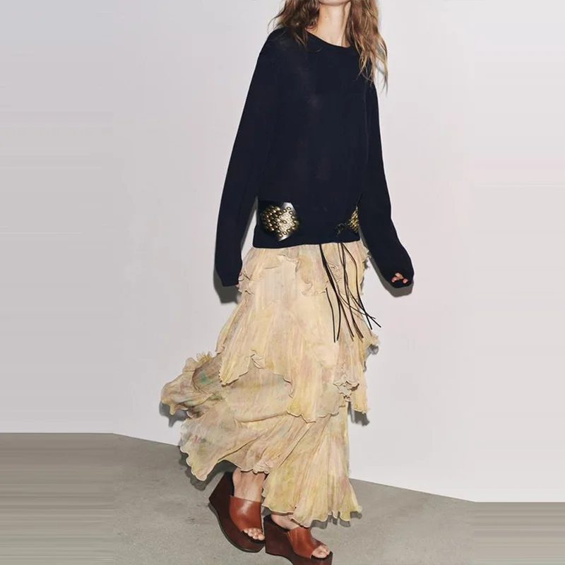 2025 Summer New Women's Faion Small Print Layered Decoration f Skirt High Waist Cake Skirt Polyester Fiber Loose Fit