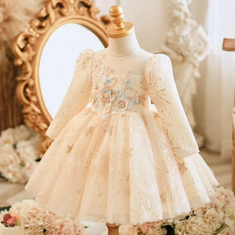 Champagne Lace Children Dress Appliques Baby Girl Princess Ball Gown Long Sleeve Flower Girl Wedding 1st Birthday Party Clothes