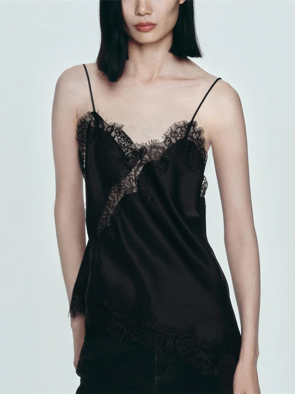 Neue Sommer frauen Spitze Asymmetrische Saum Unterwäsche Sle Dünnen Riemen Top Pendeln Sle Slim Fit Regelmäßige Länge Reine Farbe