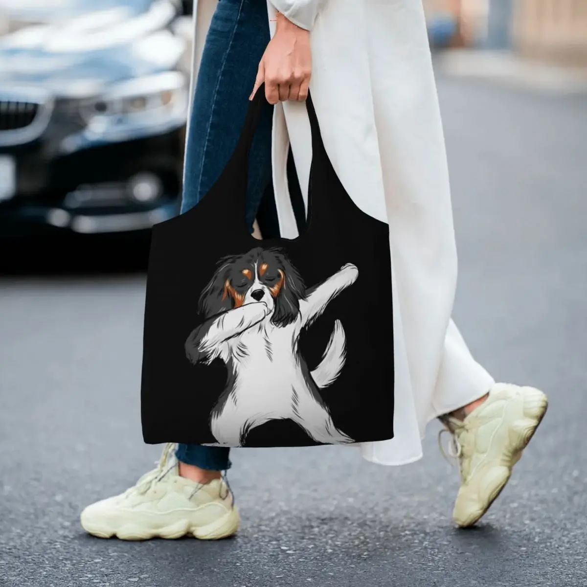 Custom Dabbing Cavalier King Charles Spaniel Dab Dance Shopping Canvas Bag Women Capacity Groceries Dog Shopper Tote Bags