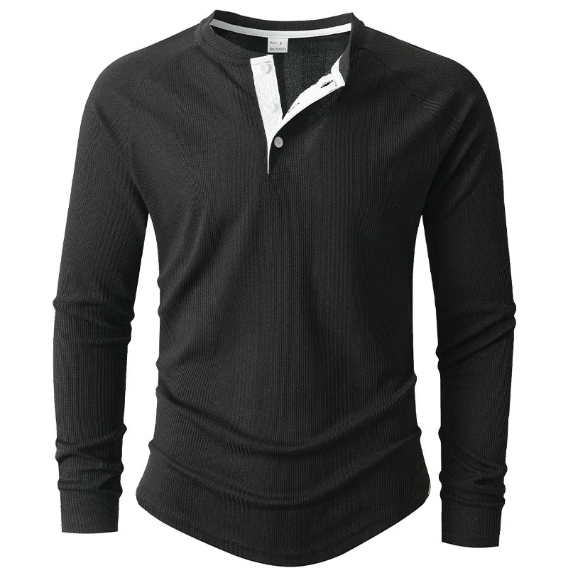 جديد جولة الرقبة طويلة الأكمام هينلي قاع قميص تي شيرت شريط عمودي قميص بولو للرجال #4