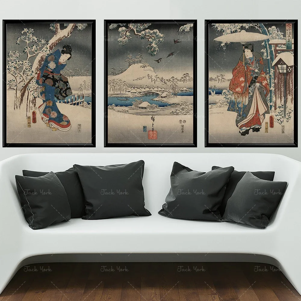 Moonlit Triptych Japanese Art Vintage Japanese Winter Wall Posters  Night Japanese Ukiyo-e Prints Antique Snowy Scenery Painting