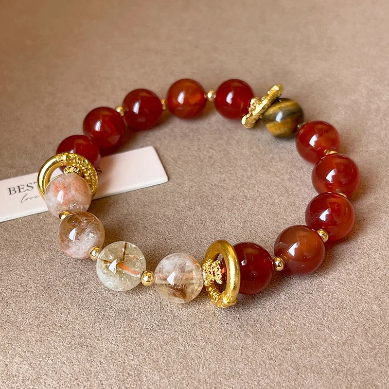 

Natural Red Agate Yellow Topaz Crystal Beaded Strand Elastic Women's Bracelets Fine Jewelry Accessories New Year Gifts 1668