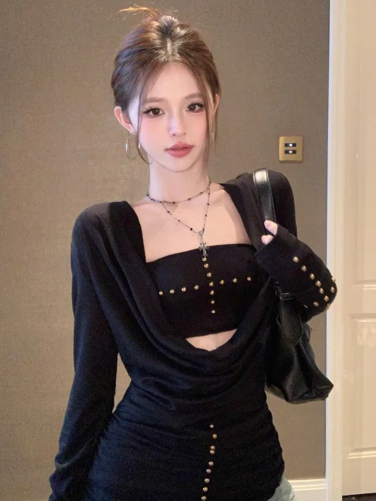 

Elegant American Style Deep V Neck Long Sleeve Slim Fit Two Piece Set Women's Sexy Girl Design Sense Cotton Blend Vest And Pants