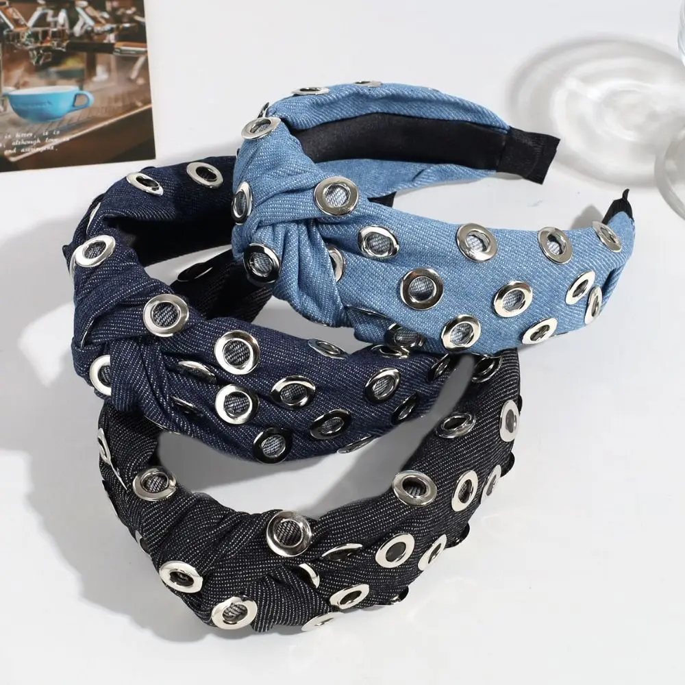 

Hip Hop Y2K Hollowed Out Eyelets Wide Denim Headband Punk Metal Rock Steampunk for Sports Headbands Hair Accessories
