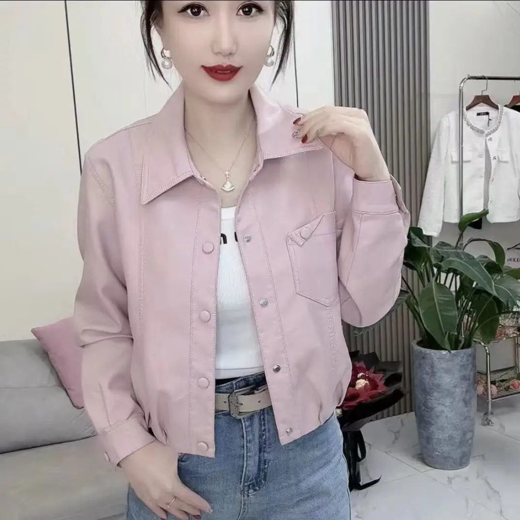 High-End PU Leather Jacket Women's Short 2026 Spring new Korean version fashion Stand-Up Collar Black Short Leather Jacket Pink