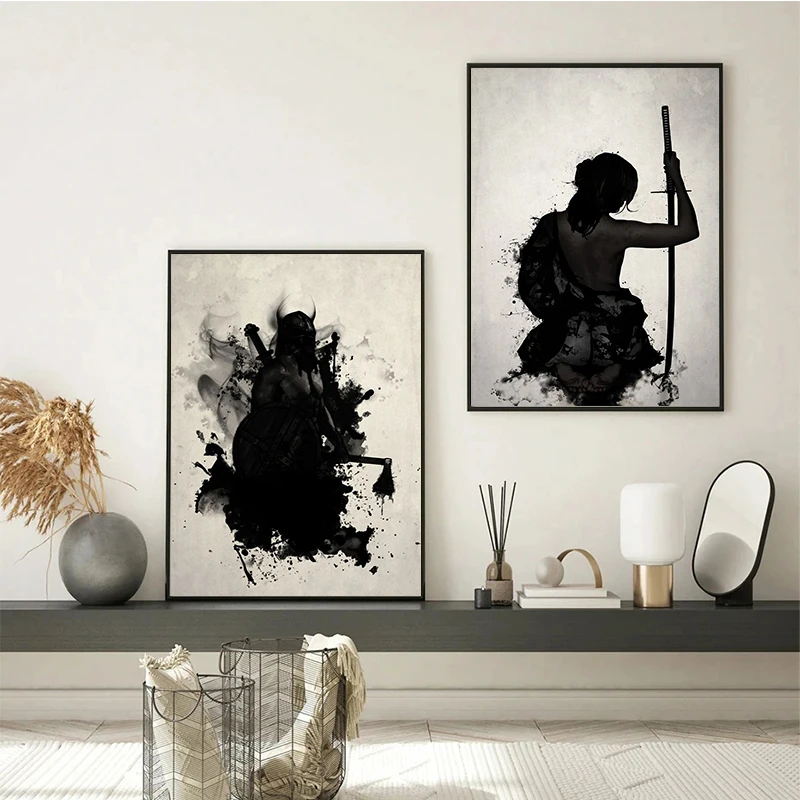 Black And White Japanese Armored Samurai Owl Raven And Skull Poster Prints Canvas Painting Wall Art For Living Room Home Decor