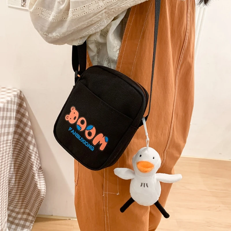 Cute Bear Printed Canvas Messenger Bag for Women Men Fashion Shoulder Bag Student Zipper Small Crossbody Bags Fashion Handbags