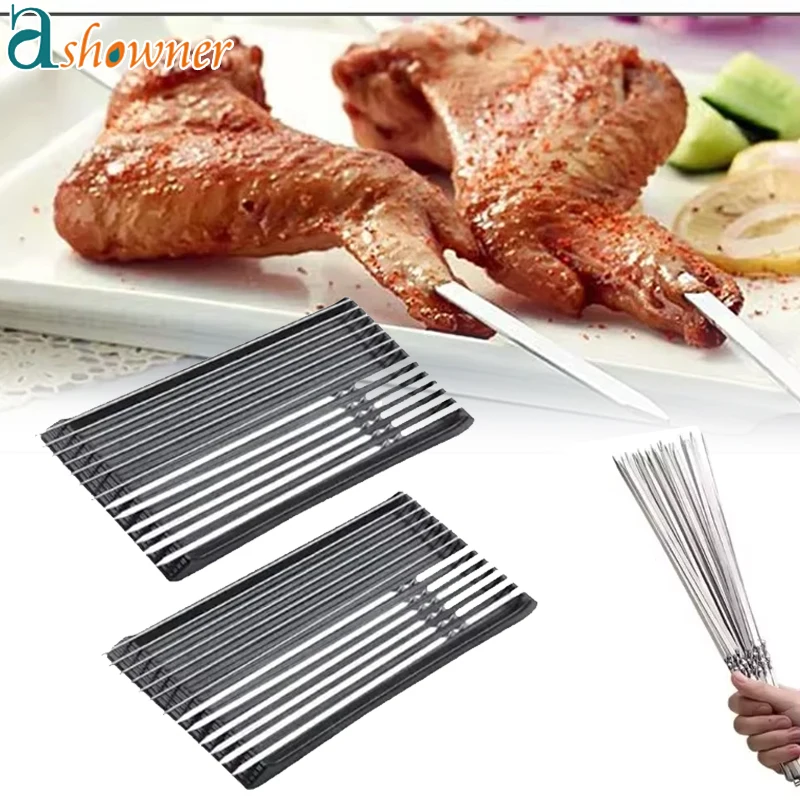 100pcs BBQ Skewers Iron Bar Reusable BBQ Skewers Kebabs Stainless Steel Edible Material Outdoor Camping Picnic Cooking Tools