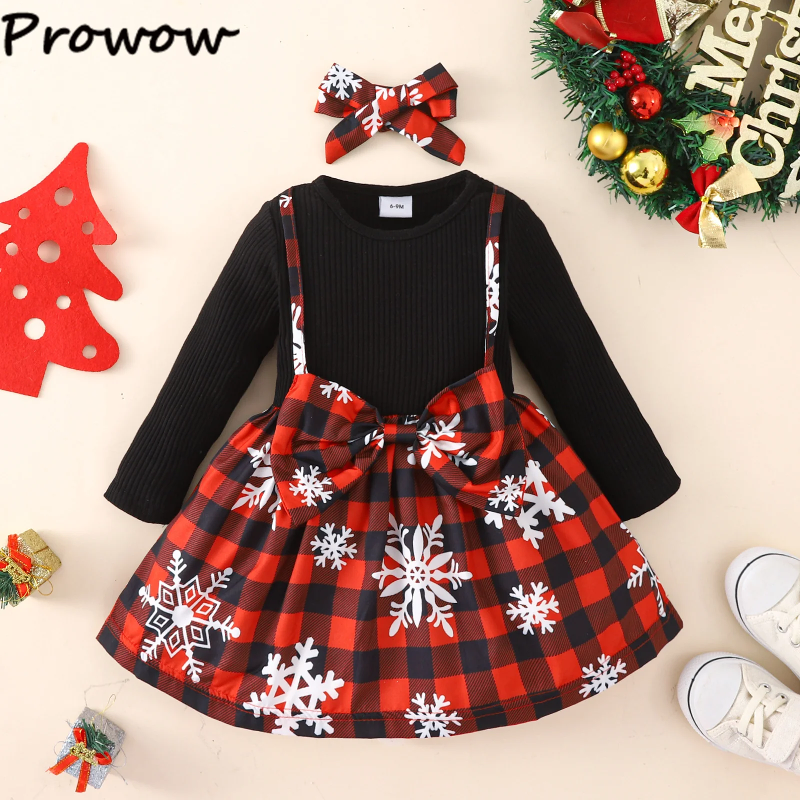 Prowow Baby Christmas Dresses 2025 Long Sleeve Big Bow Plaid Party Dress For Newborns Infants My First New Year Baby Clothes