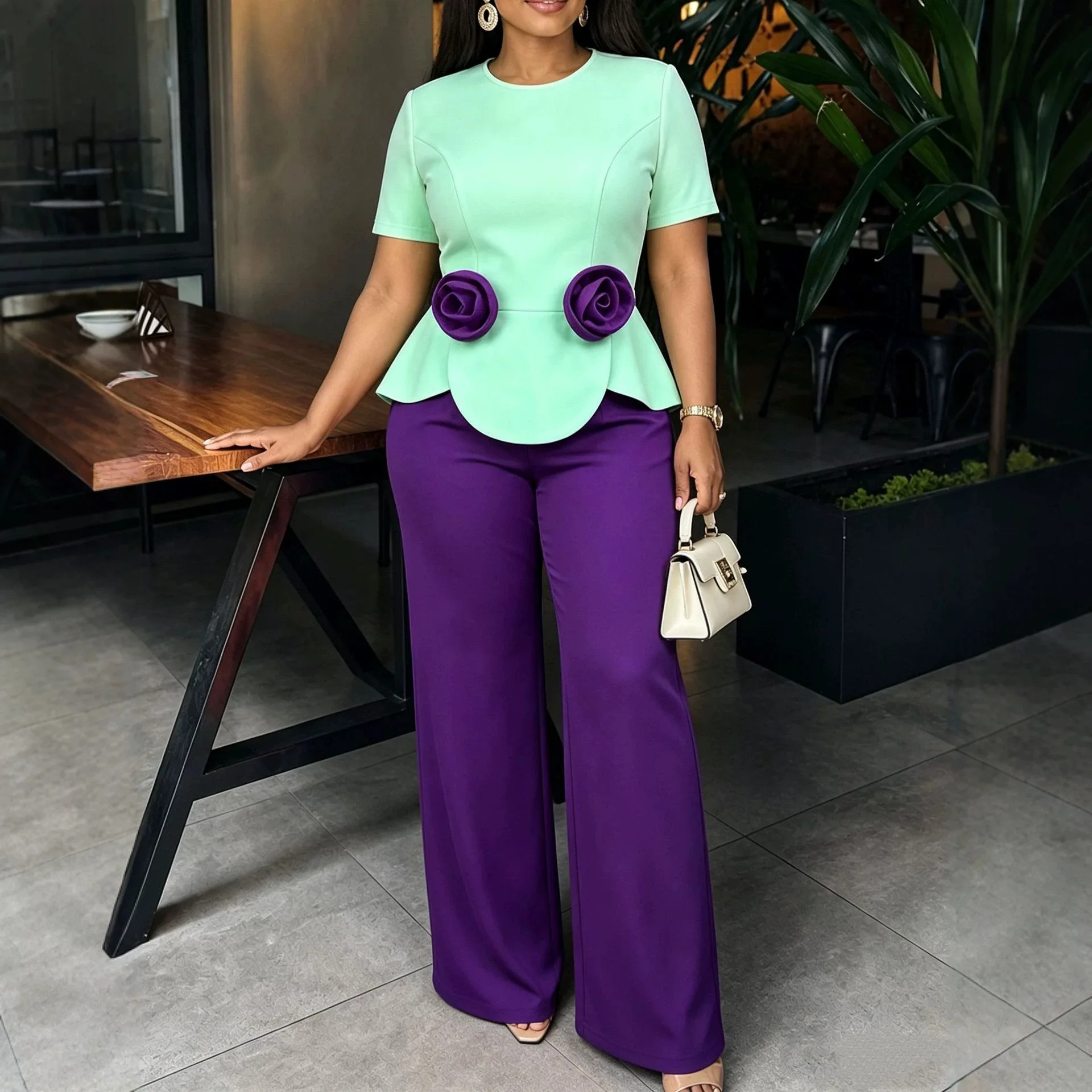 New Style Color-blocked Jumpsuit With Ruffled Hem And Three-dimensional Floral. Design, Slimming Straight-leg Jumpsuit Y2k、 Sexy