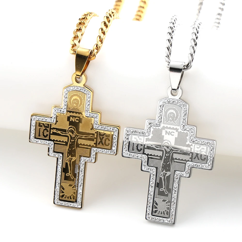 Orthodox Jesus Crucifix Cross Pendant Necklace for Women Men Gold Color Stainless Steel Rhinestones Baptism Chain Jewelry Gift