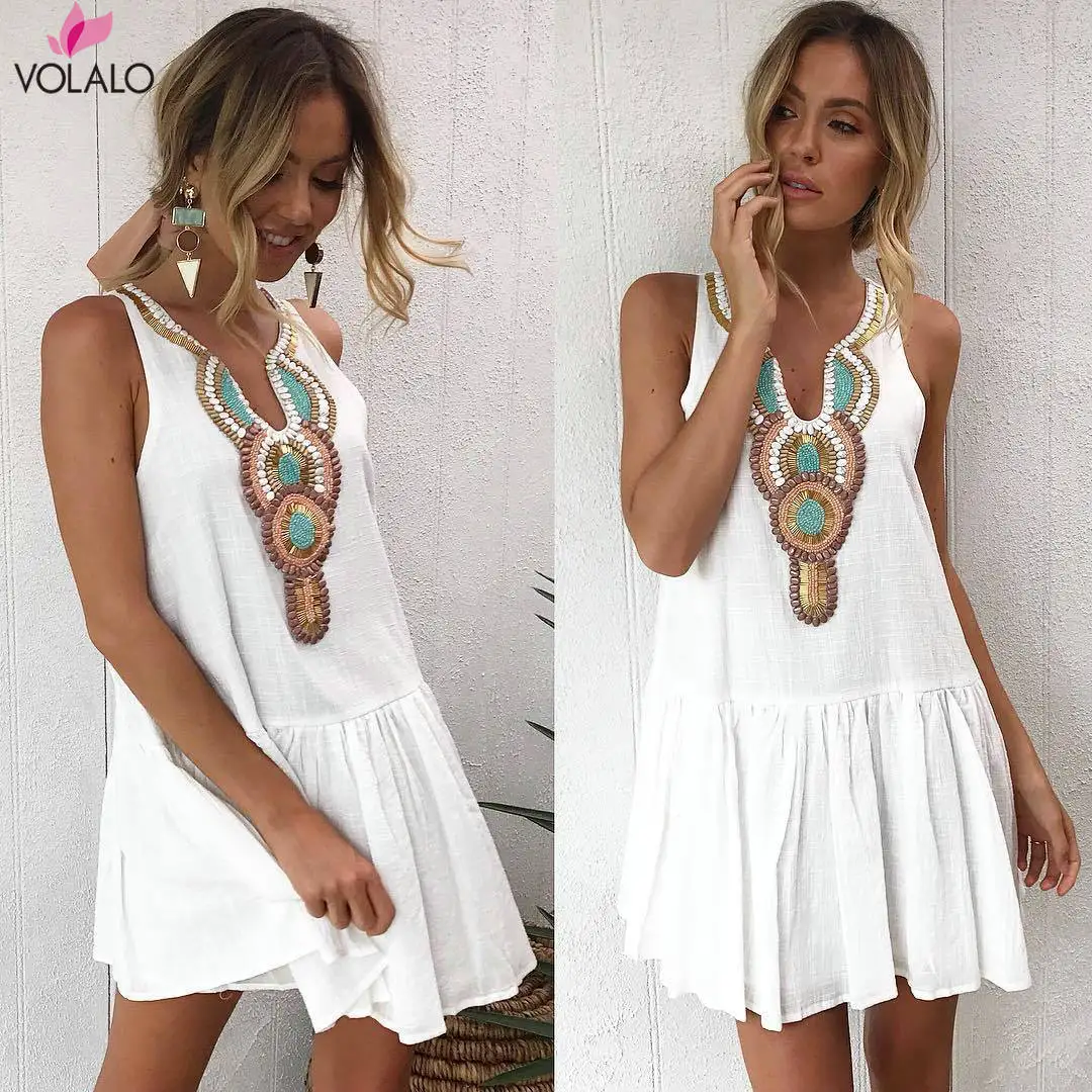 Volalo festa à noite praia com decote em v vestido moda sexy mini vestidos novas mulheres verão casual sem mangas floral boho vestidos