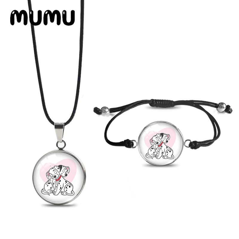 2024 New 101 Dalmatians Dogs Necklace Bracelet Set Black Rope Glass Cabochon Jewelry Sets Handmade Items