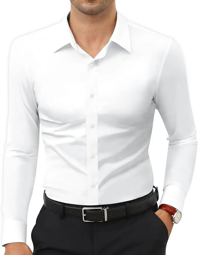 

Mens Wrinkle Free Stretch Shirt Long Sleeve Solid Color Business Casual European Size Office Wear