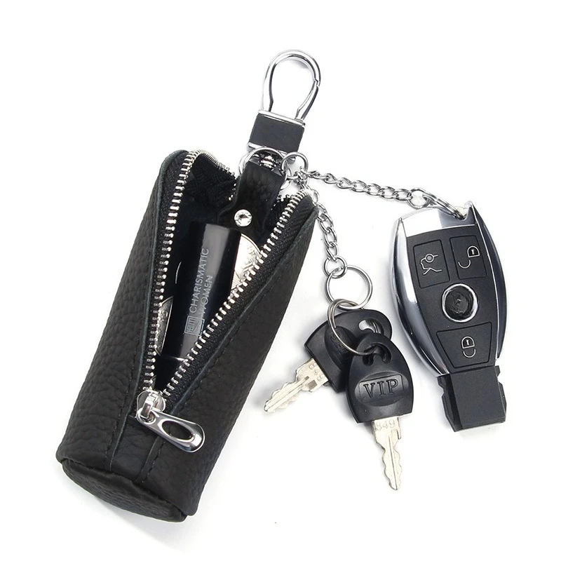 Cowhide Car Key Bag Genuine Leather Buckets Key Holders Men's and Women's Waist Hanging Keychain Zipper Home Key Wallets