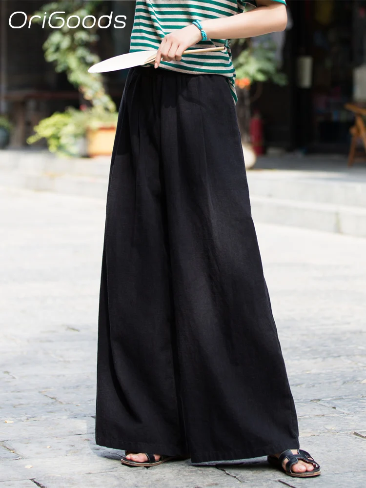 

OriGoods Women Wide Leg Pants Elastic Waist Ramie Cotton Wide Leg Pants Summer 2025 New Loose Trousers Woman Skirt Pants B032