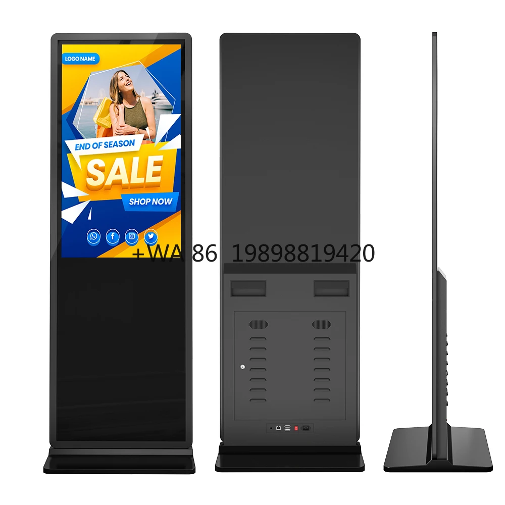 Indoor LCD Floor Standing Media Player 49 Inch Black Touch Android System Vertical Digital Signage Kiosk Display customize