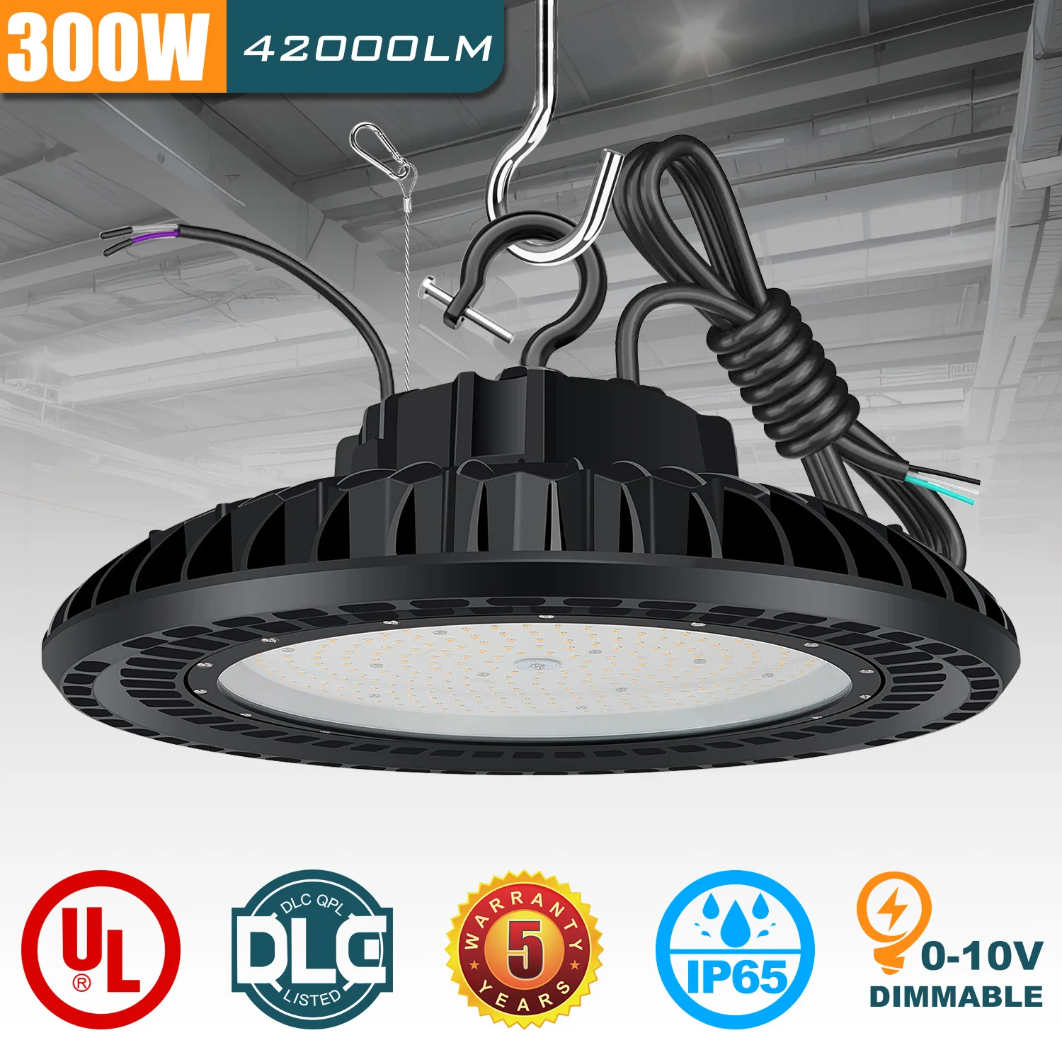 

300W High Bay LED Light 41,000lm IP65 Waterproof Dimmable UL & DLC List Retrofitting Warehouse Factory AC100-277V