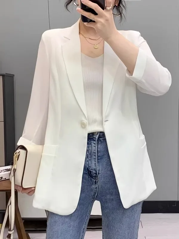 

Blazer Mujer Women'S Coat Double-Breasted Tweed Satin Round Leisure Splicing Fall Winter Pinstripe Shoulder-Padded Lace Denim