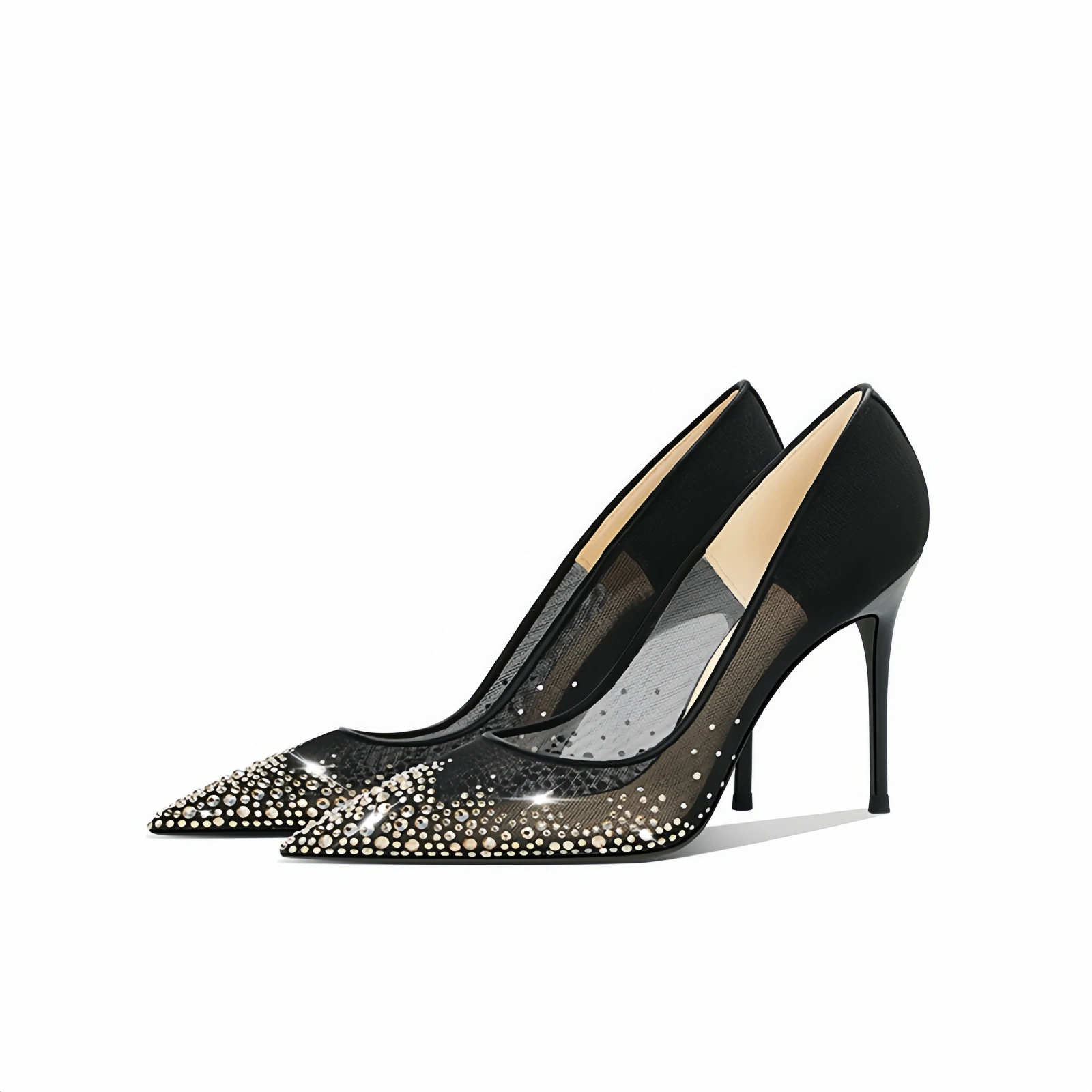 

Black pointed rhinestone high heels, women's slim heels, new style, high-end and comfortable, transparent mesh wedding shoes