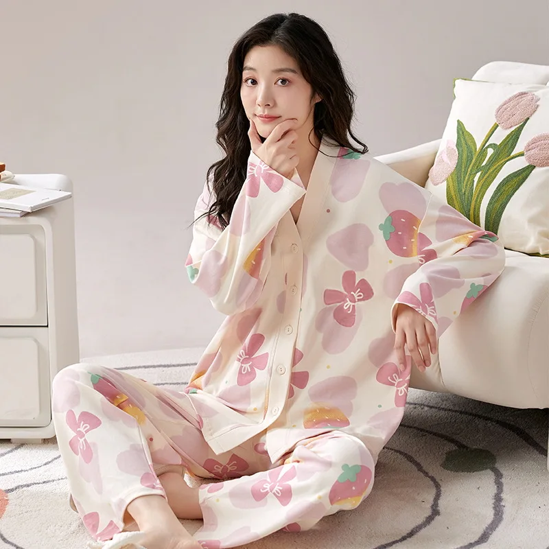 Women\'s New Pajamas Homewear Set of Spring and Autumn Pajamas Women Long-Sleeved Cardigan Ins Girls Cute Fall Pajamas Homewear