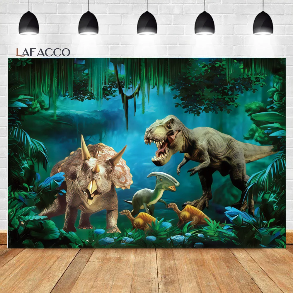 Laeacco Dinosaur Backdrop 3D Jungle World Dinosaur Kingdom Boys Birthday Baby Shower Portrait Customized Photography Background