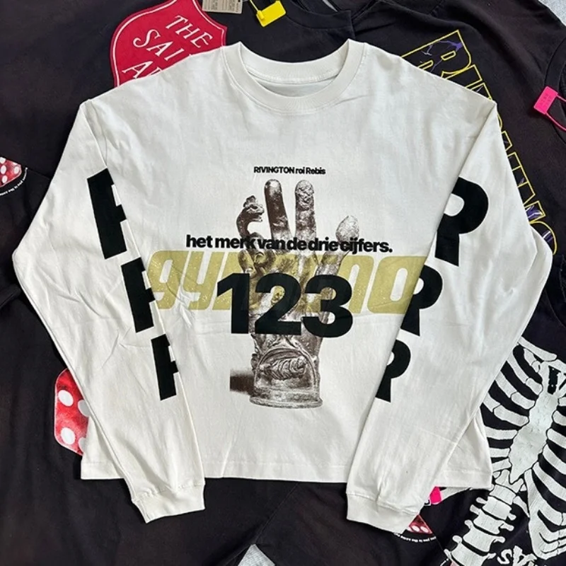 

Palm Graffiti Letter Printed Long Sleeved T-shirt Casual Loose RRR123 T Shirt Men's and Women's Top