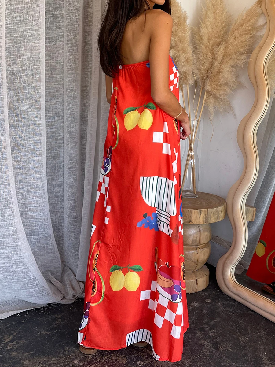 Women Strapless Tube Dress Summer Off Shoulder Backless Fruit Print Loose Swing Long Dresses for Beach Vacation Streetwear Y2K