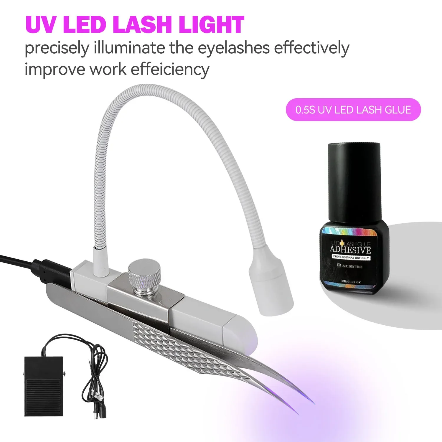 UV Eyelash Beauty Light 395nm Eyelash Gel Curing LED UV Illuminator, Foot Switch, Portable Handheld Tweezers Light