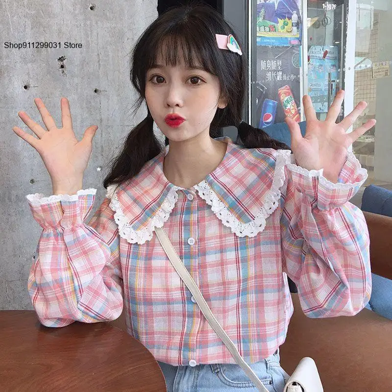 Spring and Autumn Japanese Cotton and Linen Loose Fitting Student Sweet Tops Plaid Long Sleeved Shirt for Women