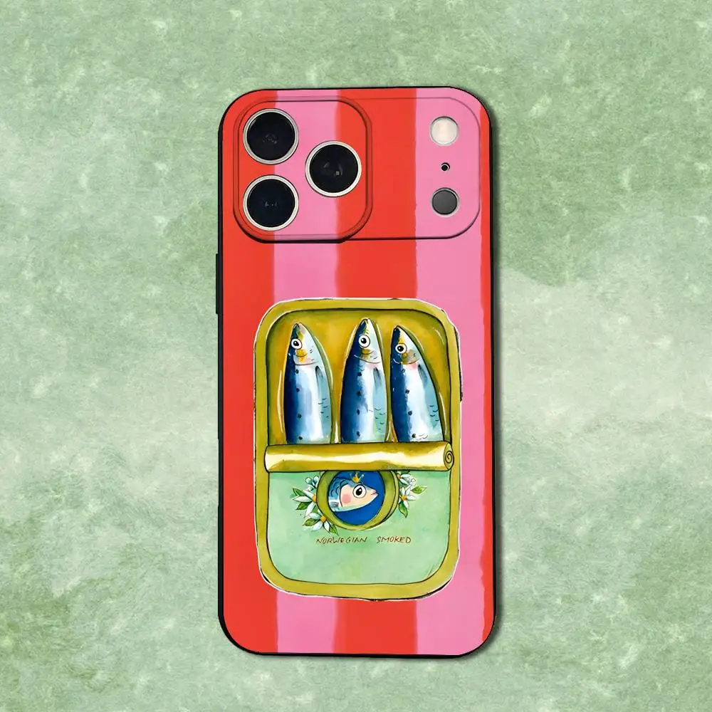 حافظة هاتف معلبة من Food Sardines لهاتف iPhone 14,13,17,12,11,16,15, Plus, Pro Max, XS, X, XR, SE, Mini, غطاء أسود من السيليكون الناعم