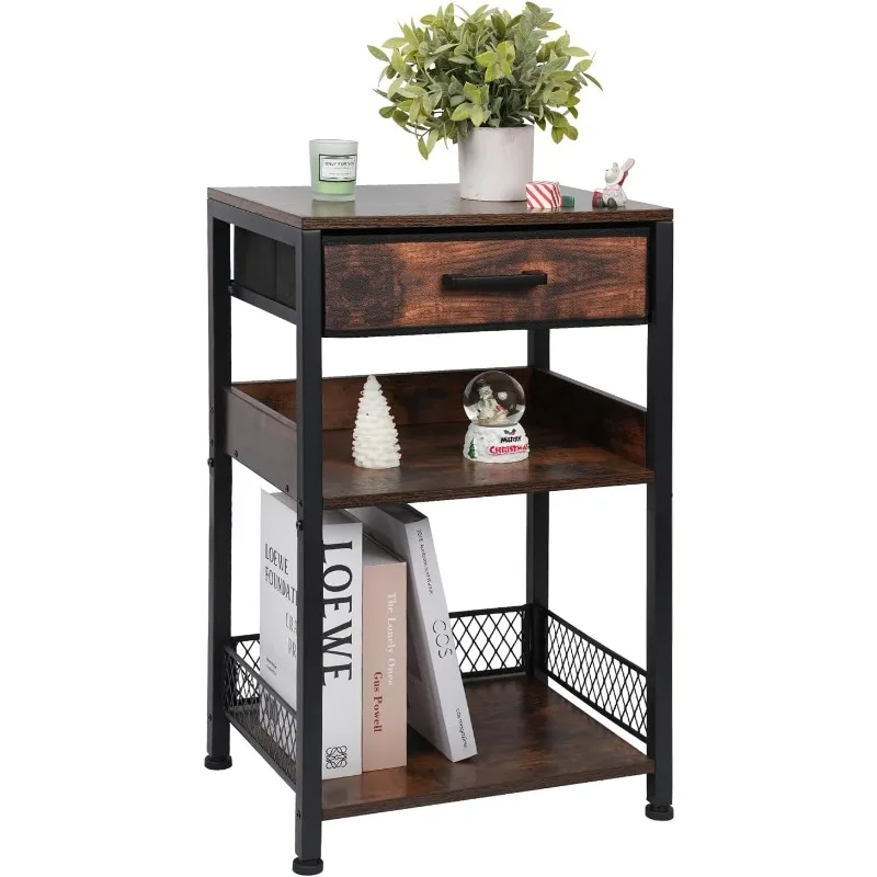 

3 Tier End Table,Small Side Table with Storage Drawer,24.8 inch Tall Night Stand for Small Spaces, Brown Bedside Table,Side Tabl