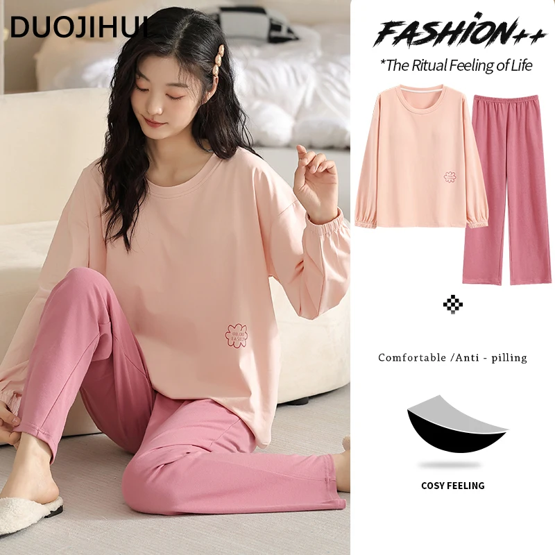 DUOJIHUI-Pijama de manga larga para mujer, Top básico, pantalón informal para el hogar, conjunto de pijama holgado Simple con estampado elegante, a la moda, novedad de otoño