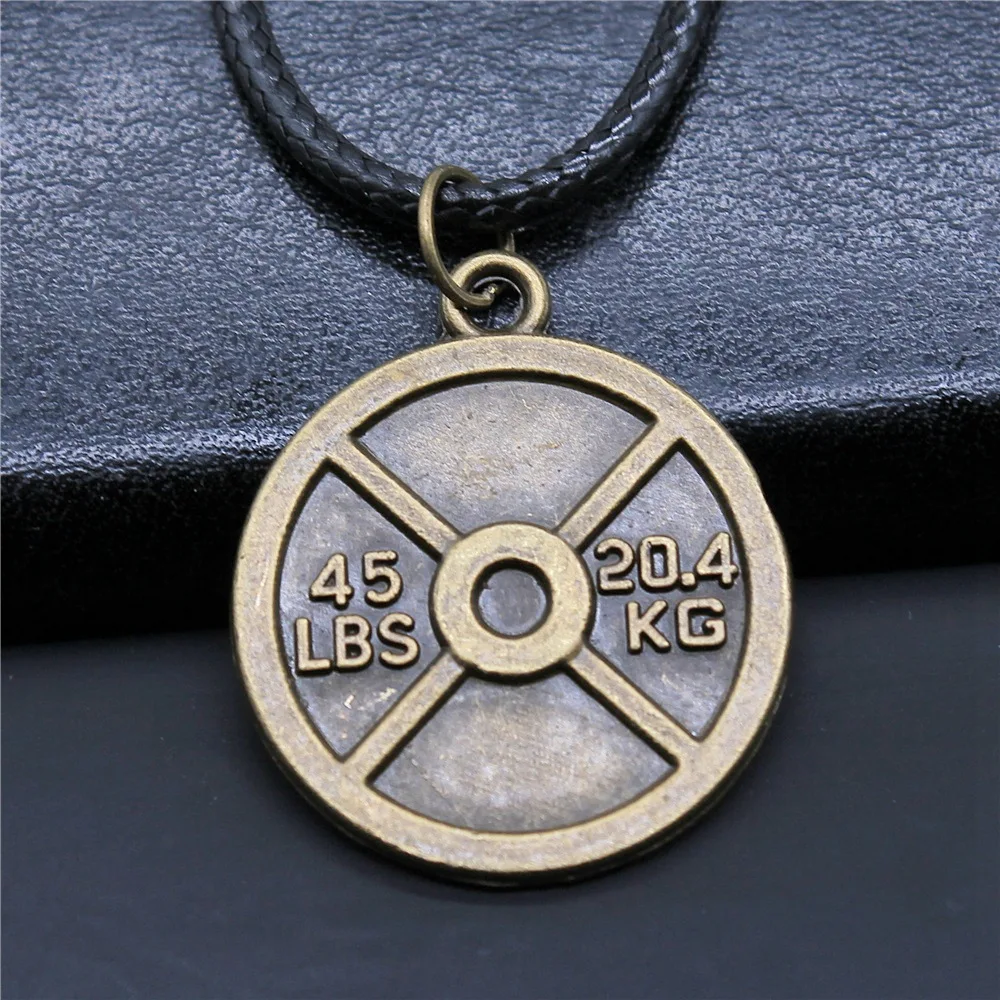 Dropshipping Antique Bronze Color 28x24mm Weightlifting Weight Film Pendant Faux Black Leather Rope Chain Necklace