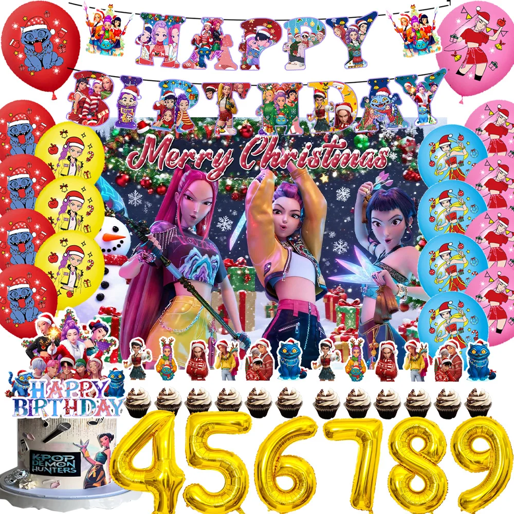 

KPop Girl Demon Hunters Child Birthday Party Decorations Pink Gold Balloon Cartoon Banner Merry Christmas Backdrops Cake Toppers
