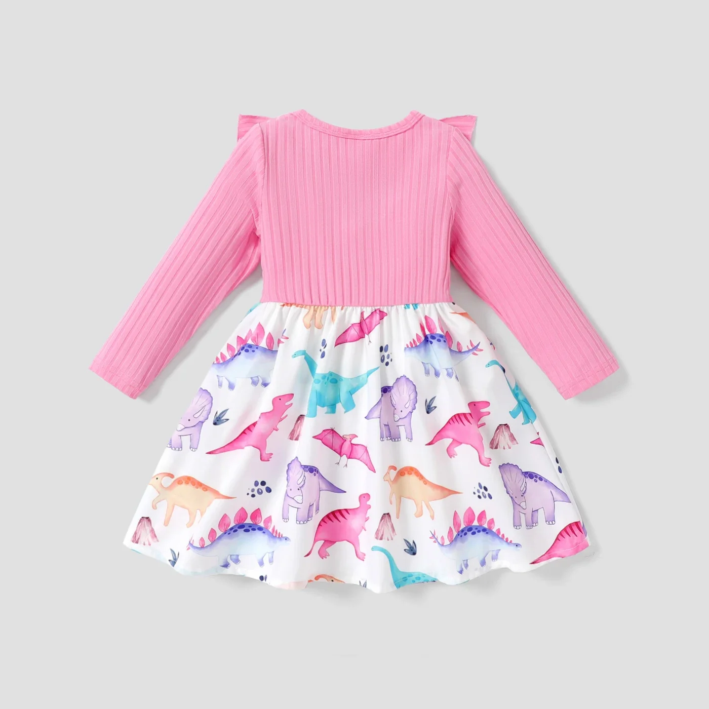 PatPat Toddler Girl Dinosaur Print Splice Ruffled Bowknot Design Long-sleeve Dress Suitable for Summer Season