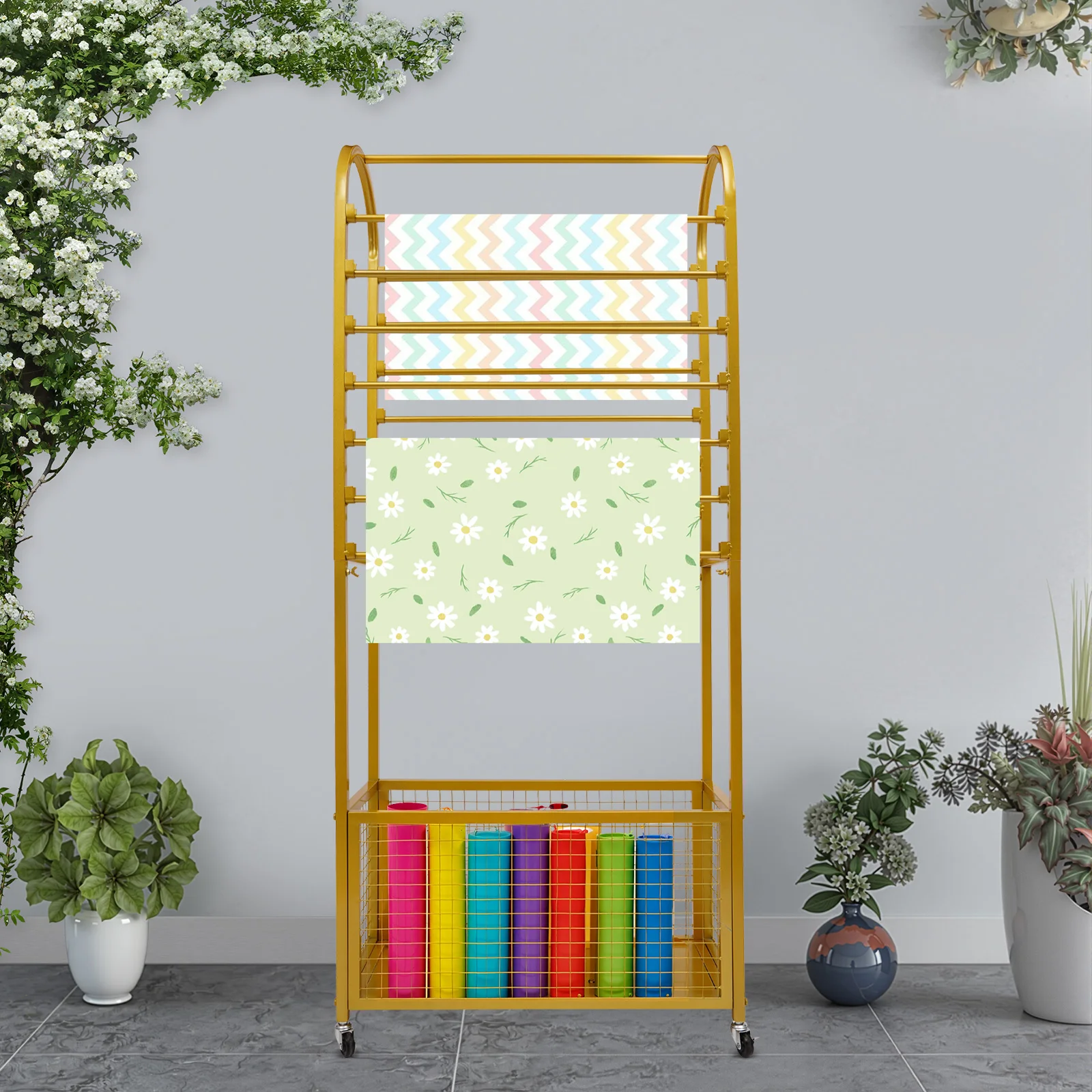 

70x30x165cm Iron Mobile Ribbon Display Rack,Gold Rectangular Ribbon Holder Floor Standing for Homes,Dyeing Factories