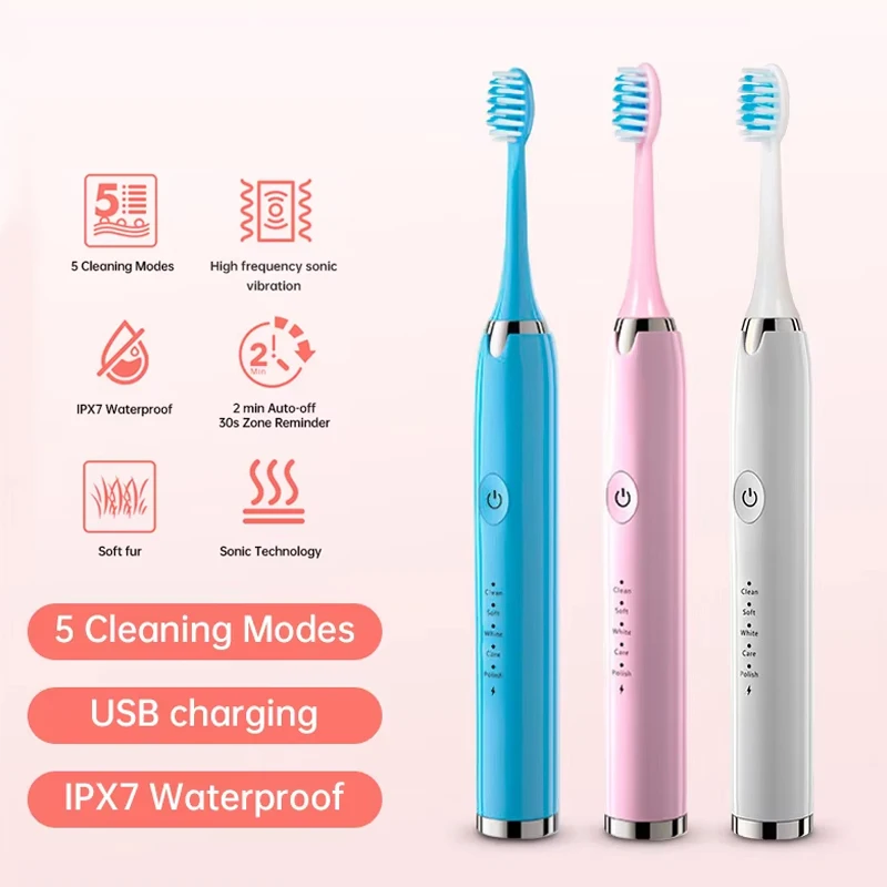 Electric Sonic Toothbrush 5 Speed Mode Soft Hair USB Rechargeable Waterproof Ultrasonic Whitening Tooth Brushes Replacement Head