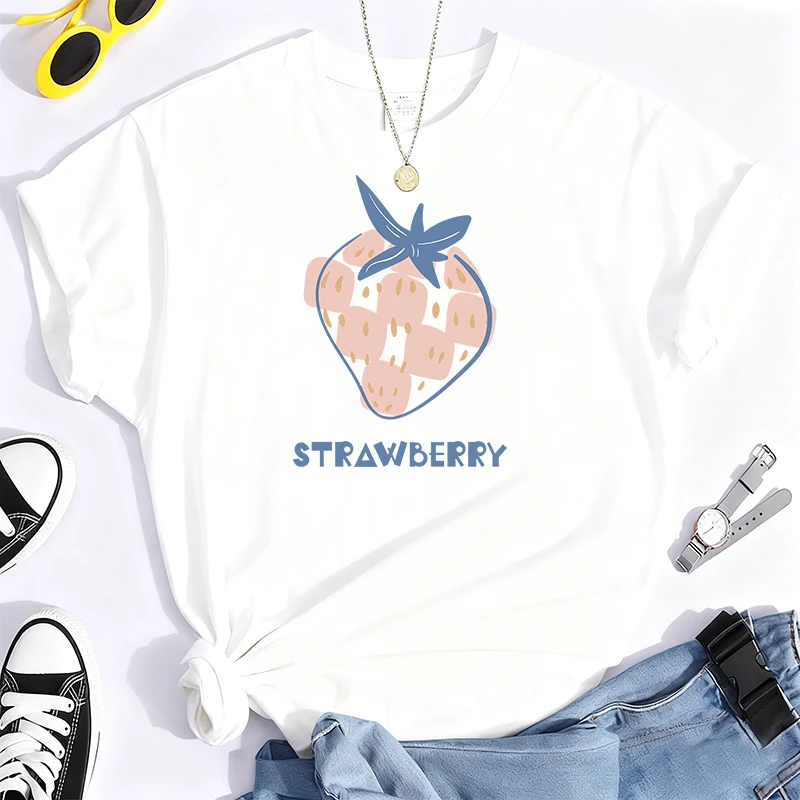 

100% Pure Cotton Strawberry Print Solid Crew Neck T-Shirt, Short Sleeve Casual Every Day Top For All Season, Women's Clothing