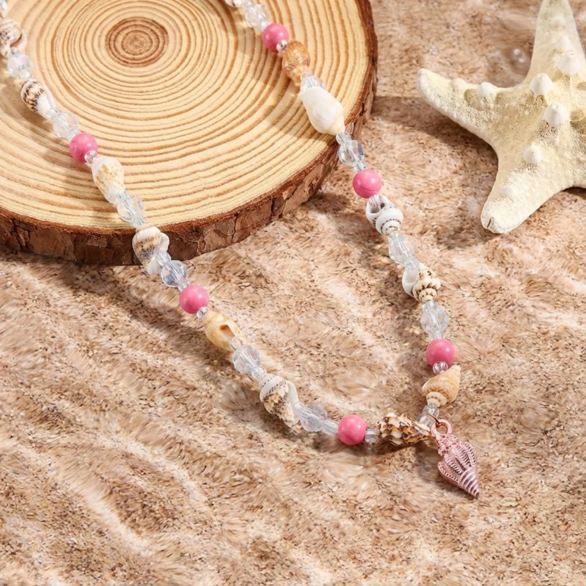 Metall-Seestern-Muschel-Anhänger-Halskette für Damen und Herren, Kristall-Reisperlen-Choker, Bohemian-Strandurlaub, Sommerparty-Schmuck – Detail 27