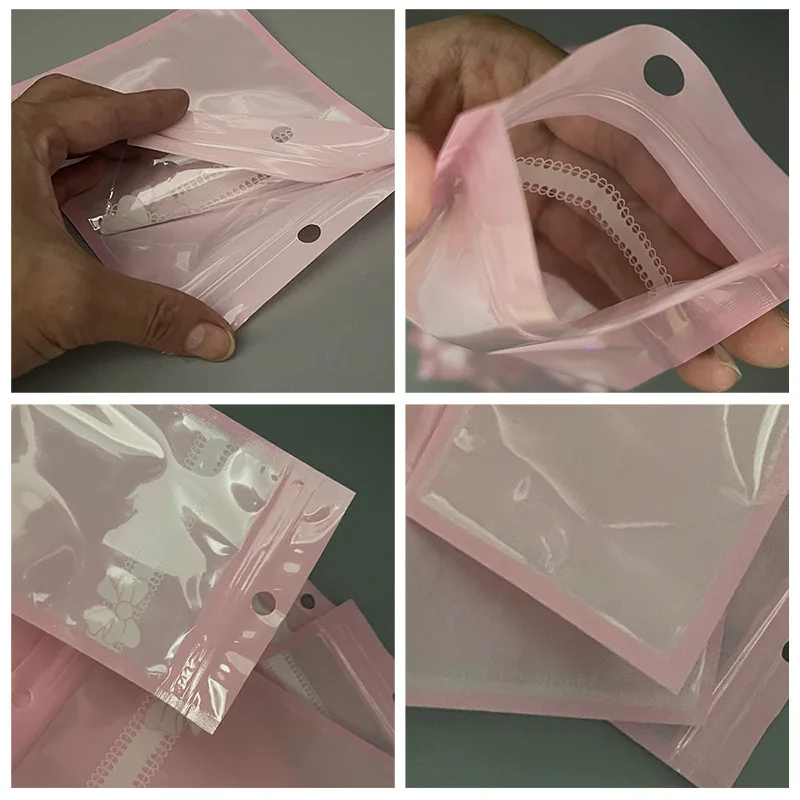 50 Stück/Lot Rosa Transparente Mylar-Ziplock-Beutel mit Schleife Wiederverschließbare Ornament-Aufbewahrungsbeutel für Süßigkeiten, Kekse, Geschenke und Verpackungen – Detail 5