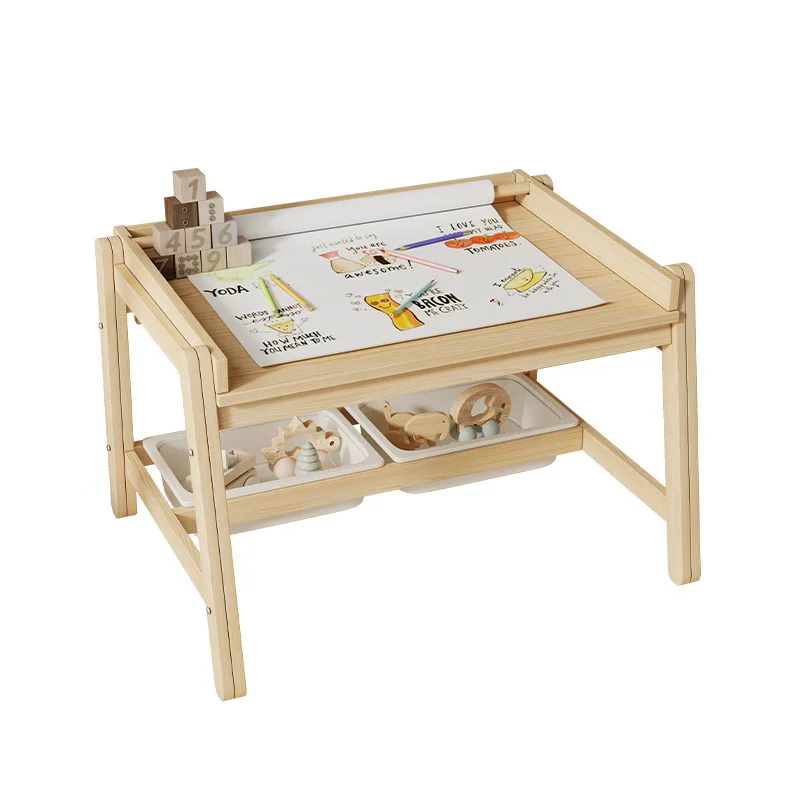Solid wood tables and chairs, rectangular liftable and adjustable baby home painting study table Early education nursery table