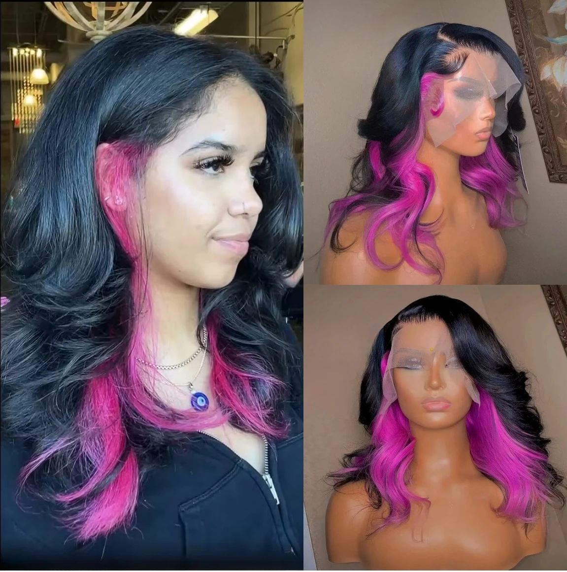 

Black Pink Highlight Bob Wig Body Wave Lace Frontal Wig Short 13X4 HD Lace Wigs For Women Synthetic High Quality Daily Use Party