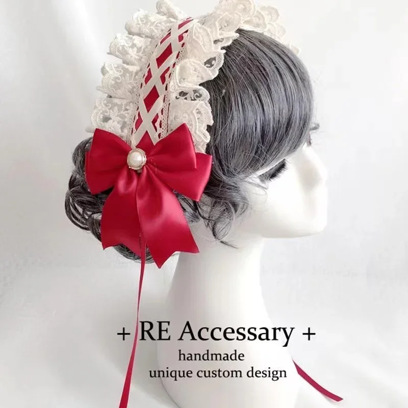 Ribbon Bow Hairband with Hairpins Girls Lolita Lace Ruffled Headband Sweet Star Embroidery Anime Maid Cosplay Headdress